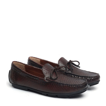 Weaved Tassel Bow Loafers in Dark Brown Snake Scales Textured Leather