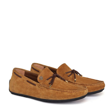 Tassel Bow Loafers in Tan Suede Leather