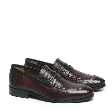 Stitched Loafers Dark Brown Cut Croco Leather