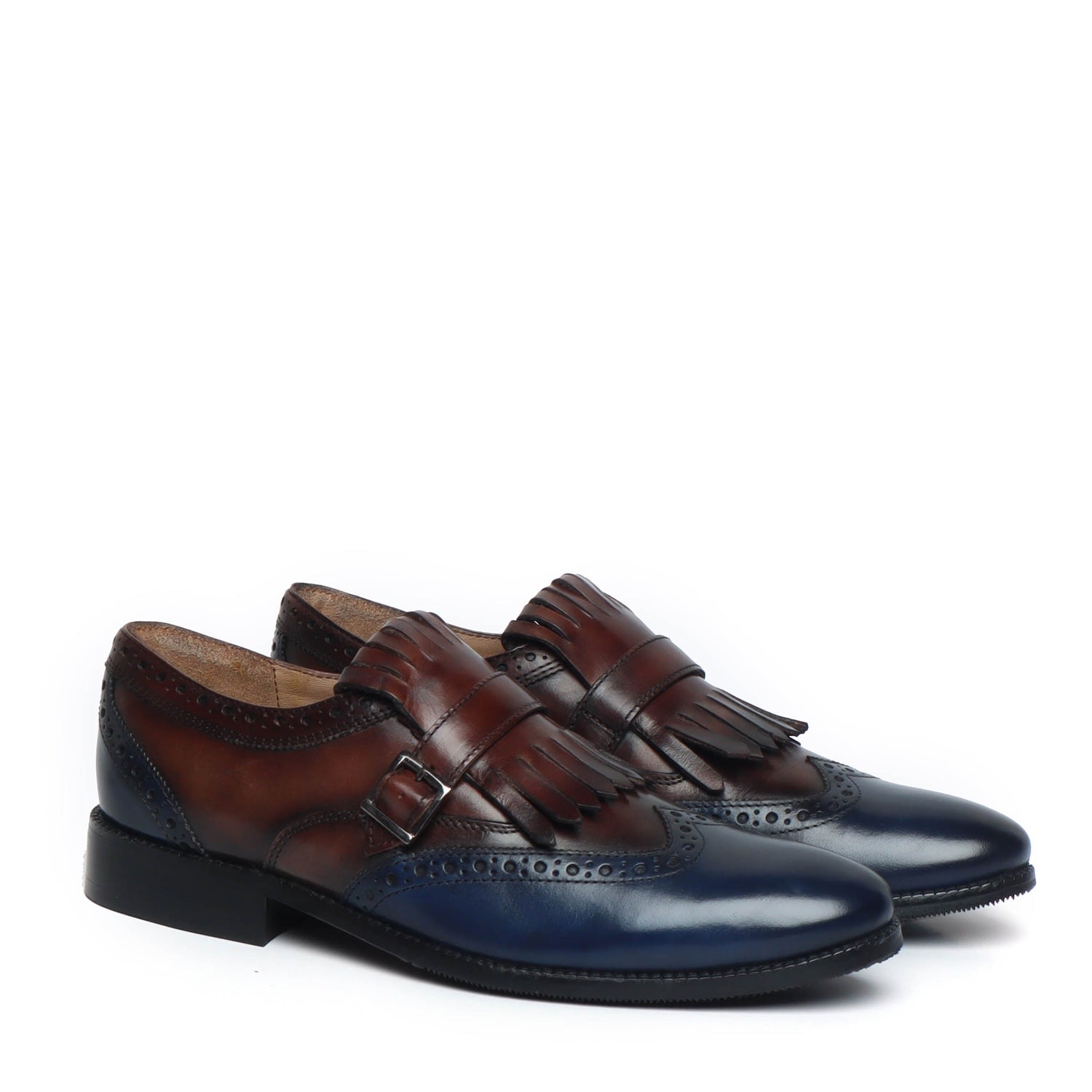 Brown/Blue Leather Fringed Single Monk Strap Shoes By Brune Bareskin