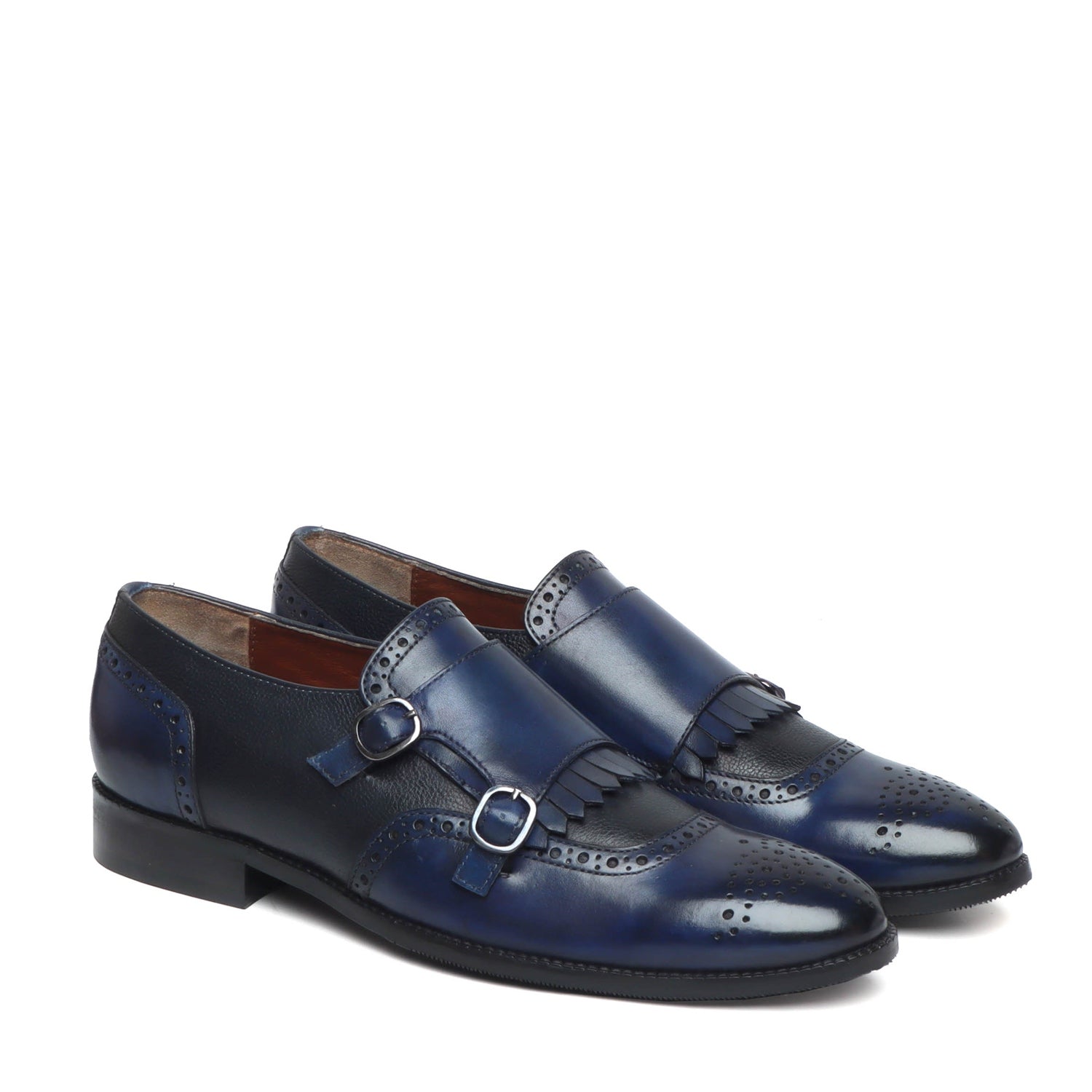 Blue/Black Leather Fringes Double Monk Strap Shoes By Brune Bareskin