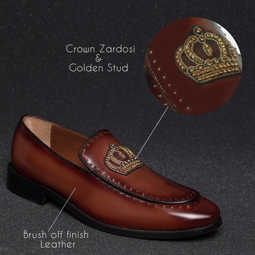 Brown Patent Leather Loafers with Studded Crown Zardosi