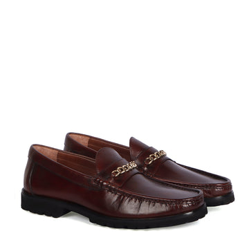 Chunky Sole Leather Loafers in Dark Brown color with Golden Chain Embellishment