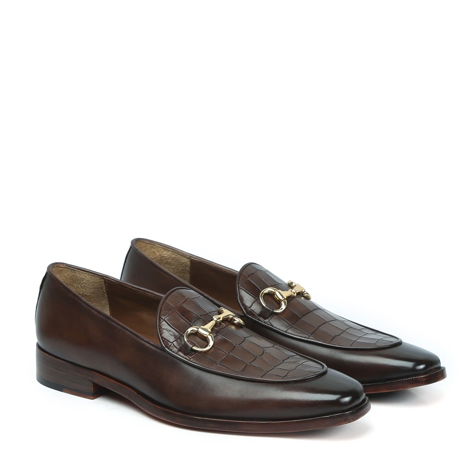 Squared Toe Brown Horse-bit Loafers With Deep Cut Croco Textured Leath