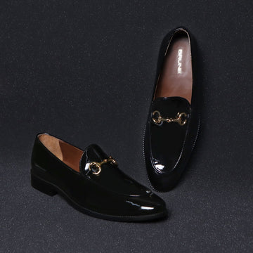 Penny Loafer with Horse Bit Buckle Detailing Black Patent Leather
