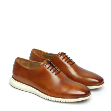 Tan Leather Lace-Up Sneakers With White Sole