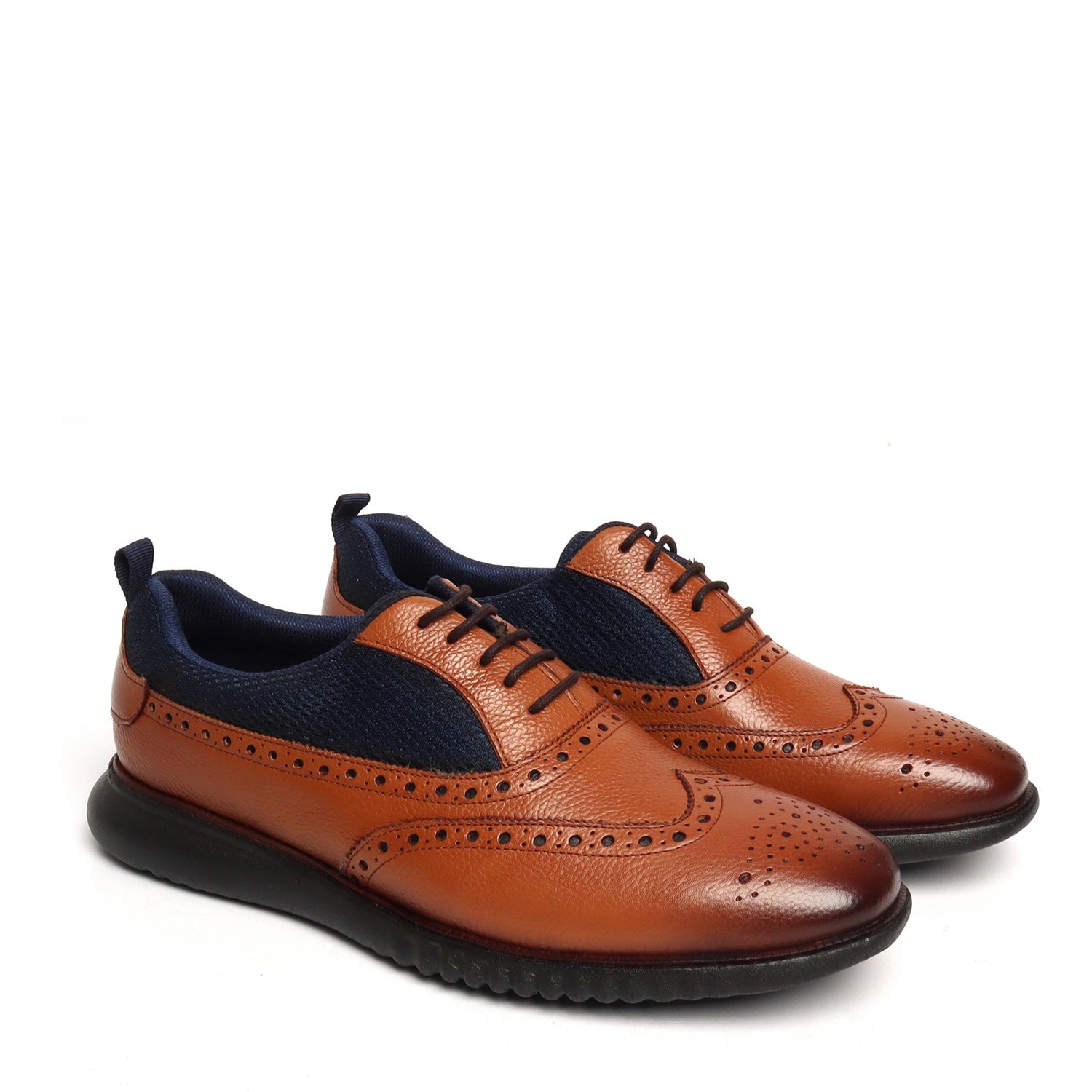 Tan Leather Blue Mesh Light Weight Dress Sneakers by BRUNE BARESKIN