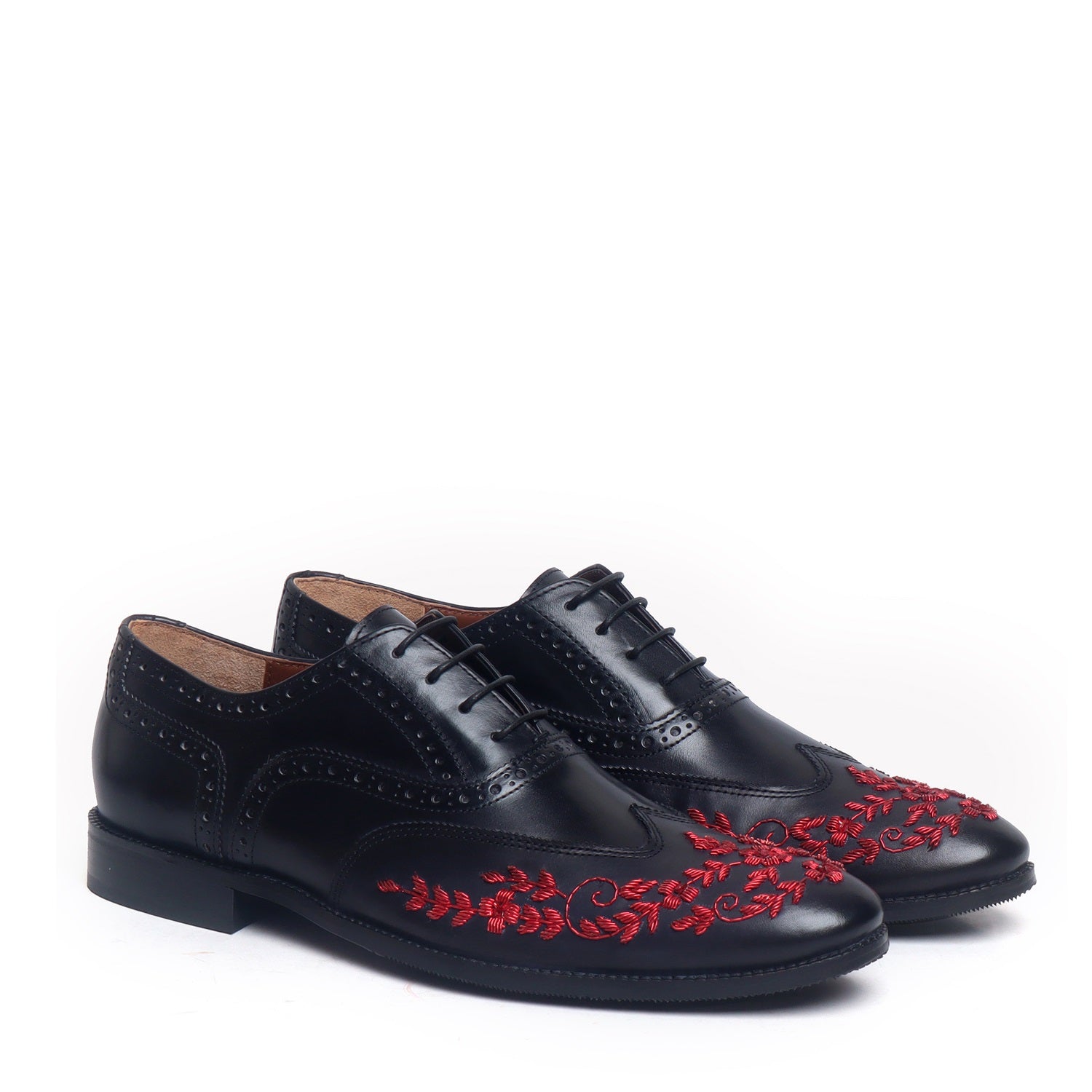 Black Leather Lace-Up Formal Shoes with Red Zardosi Wingtip Toe by Bru