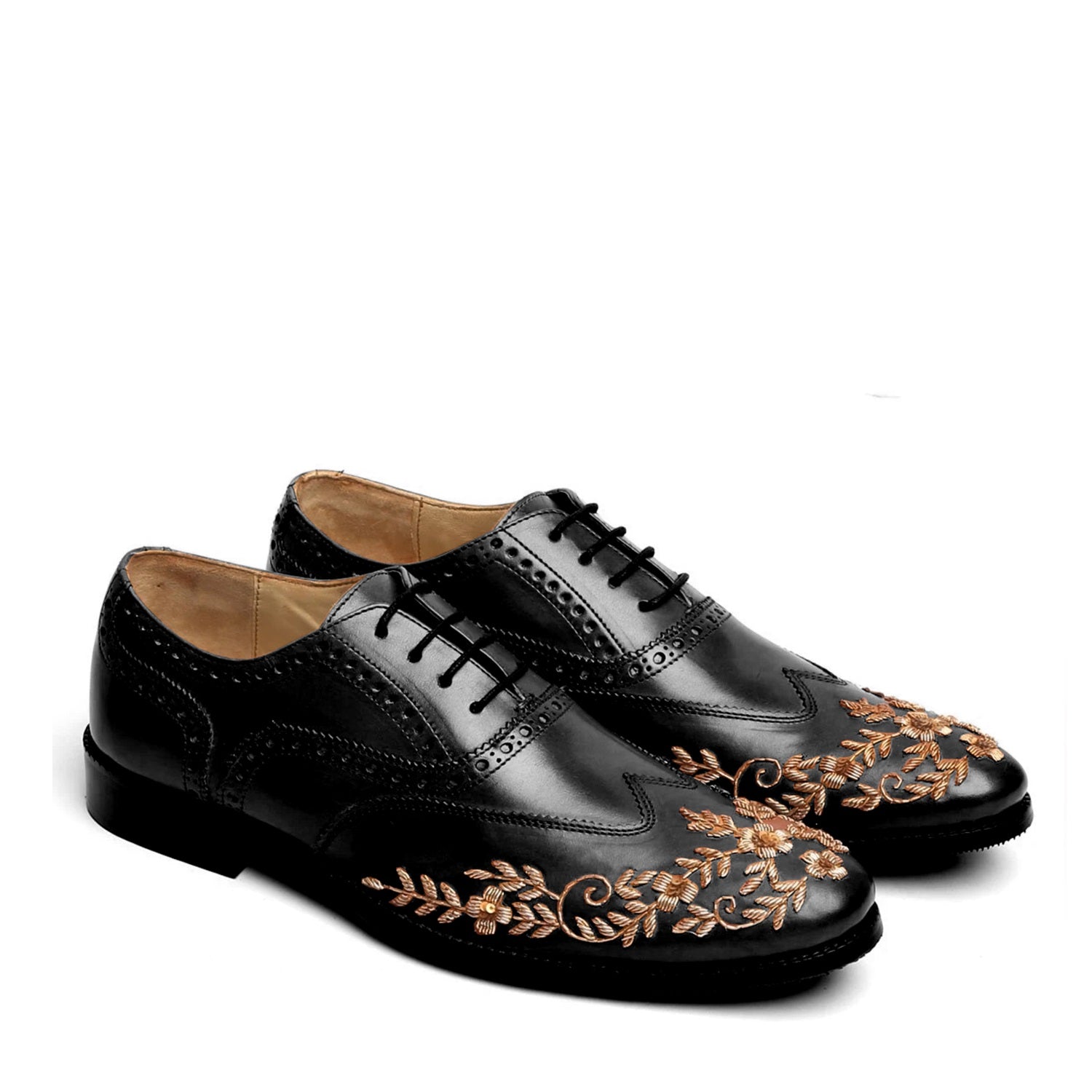 Black Leather Formal Shoes with Golden Zardosi Wingtip Toe by Brune