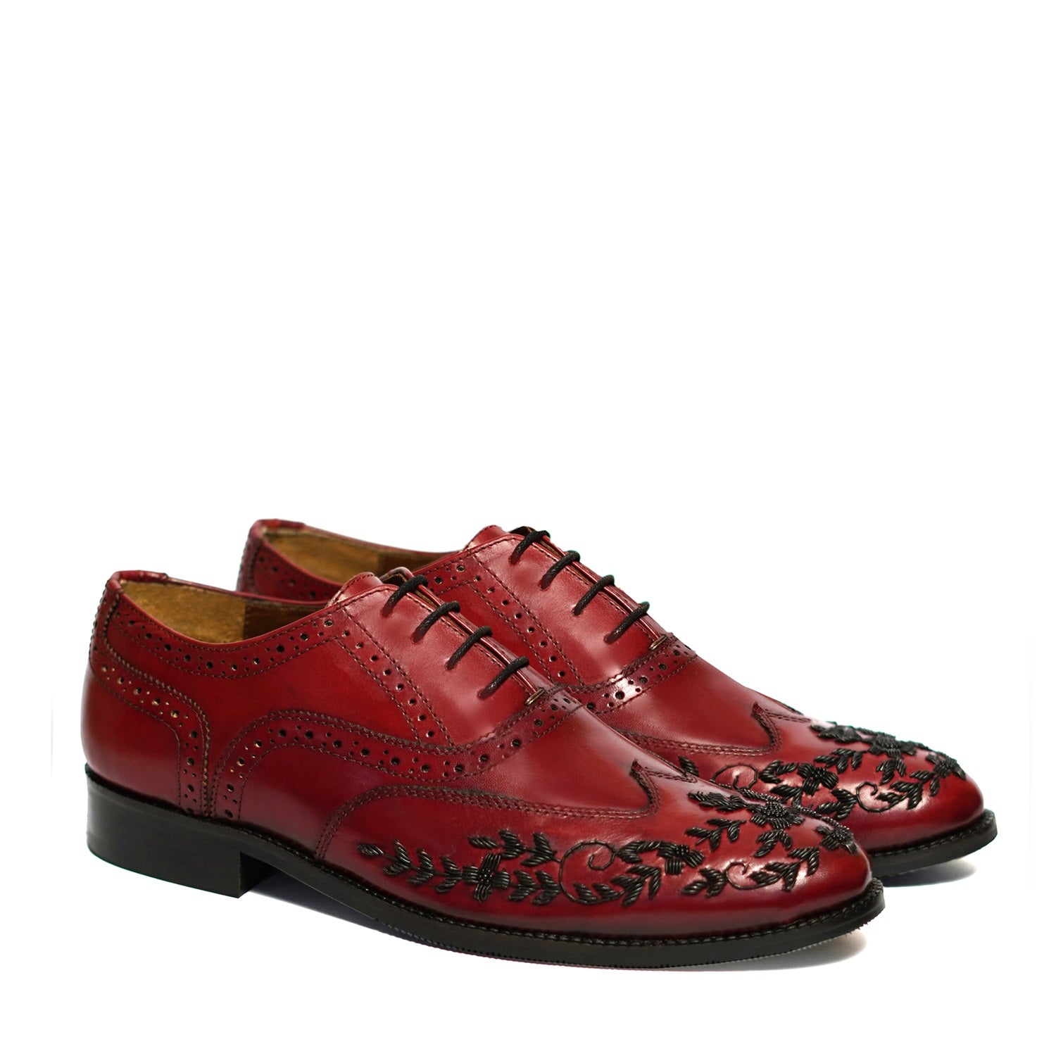 Red Leather Formal Lace-Up Shoes Black Zardosi Wingtip Toe by Brune