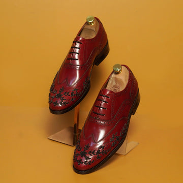 Red Leather Formal Lace-Up Shoes  Black Zardosi Wingtip Toe by Brune & Bareskin