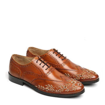 Zardosi Wingtip Oxford Lace-Up Formal Shoes in Tan genuine Leather by Brune & Bareskin