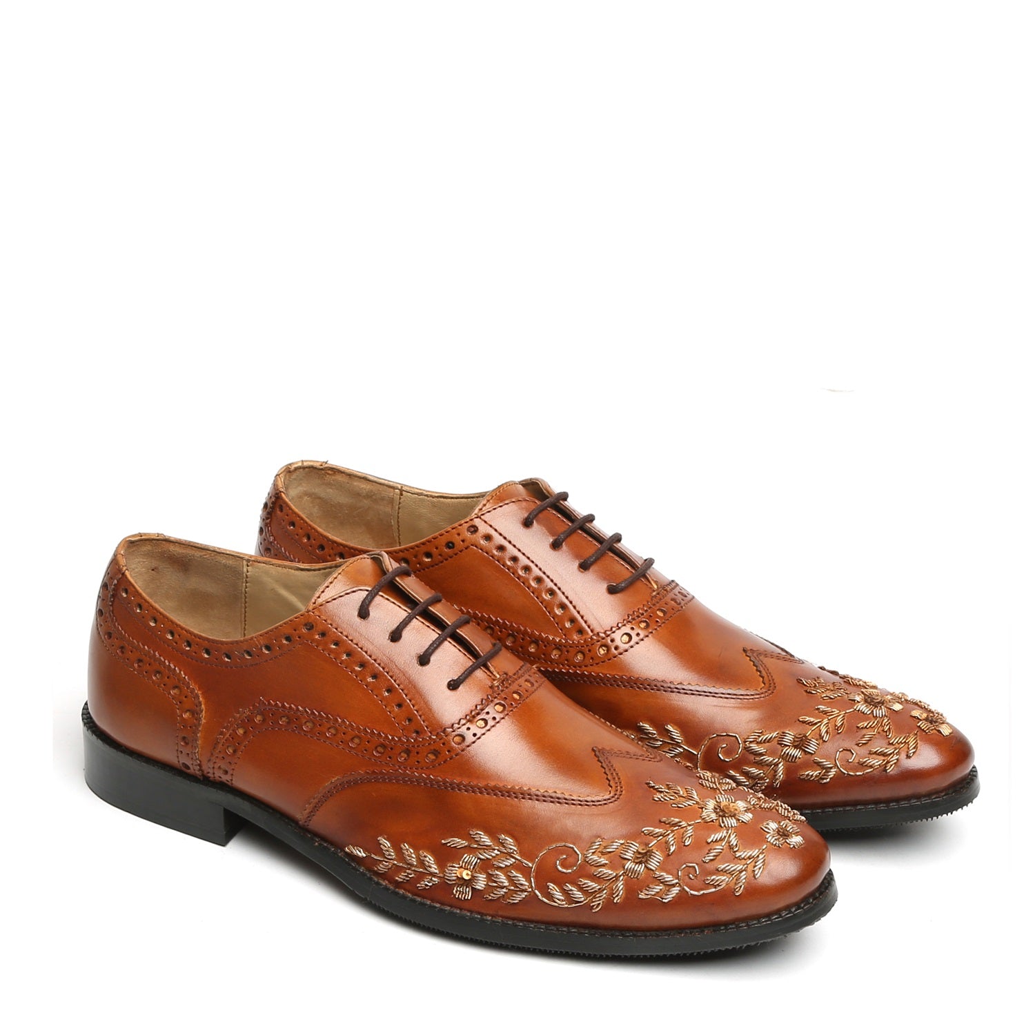 Zardosi Wingtip Oxford Lace-Up Formal Shoes in Tan genuine Leather by