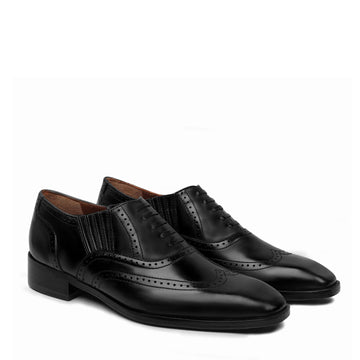 Black Lazy Man Stylish Wingtip Punching with Fixed Oxford Leather Lace-Up Formal Shoe