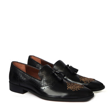 Zardosi Toe Slip-On Shoe For Men Black Snake Textured Tassel Leather