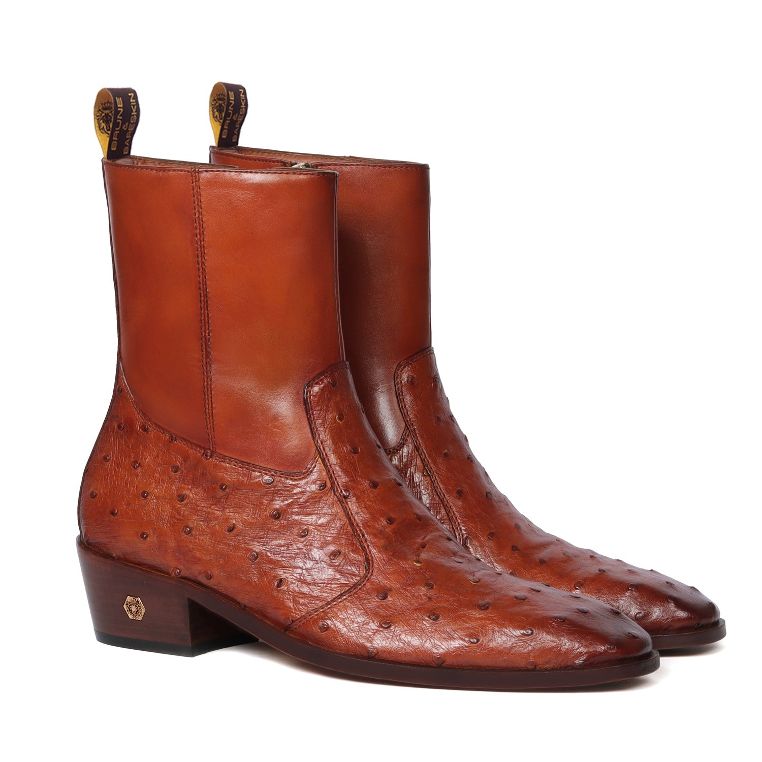 High Ankle Men Formal Boots Stitched Tan Real Ostrich Leather Cuban He