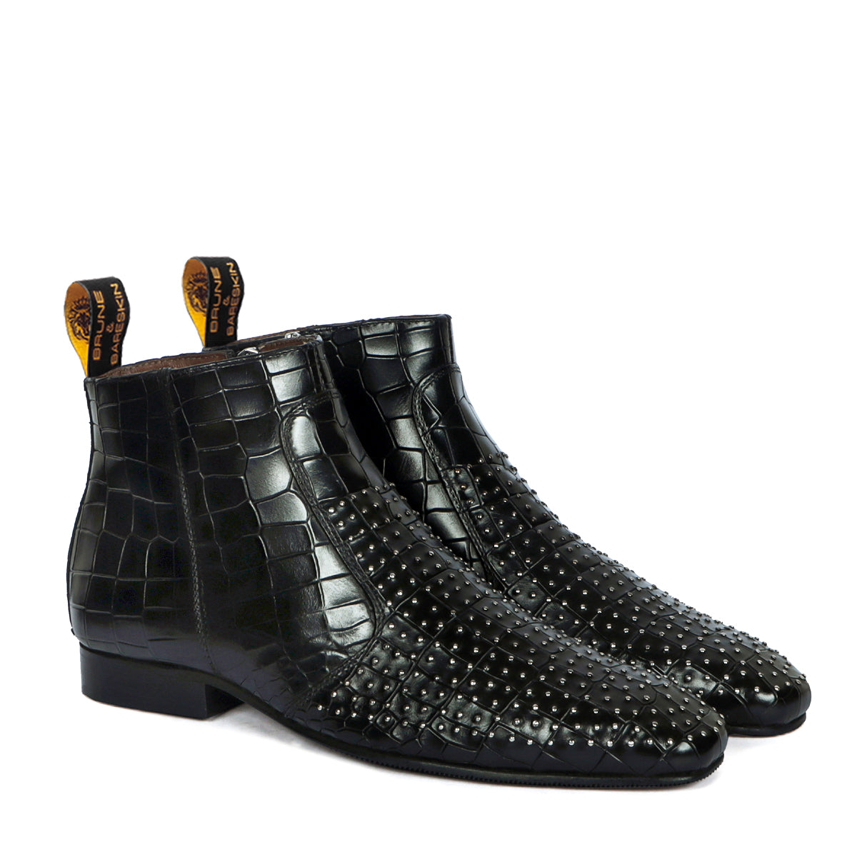 Stitched Black High Ankle Zipper Boots Metal Fleck Deep Cut Leather By