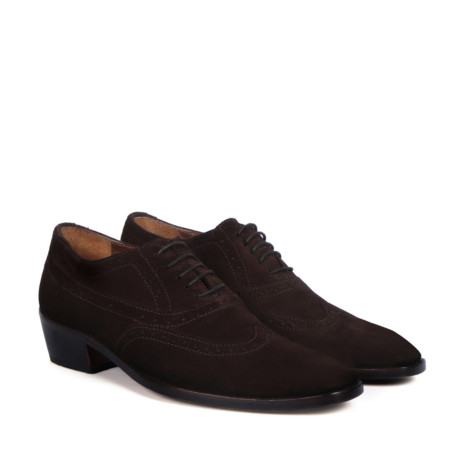 Exclusive Long Tail Brogue Cuban Heel Suede Dark Brown Leather Lace Up