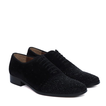 Formal Shoes In Black Velvet With Beads Hand Embroidery Embellishments For Men's