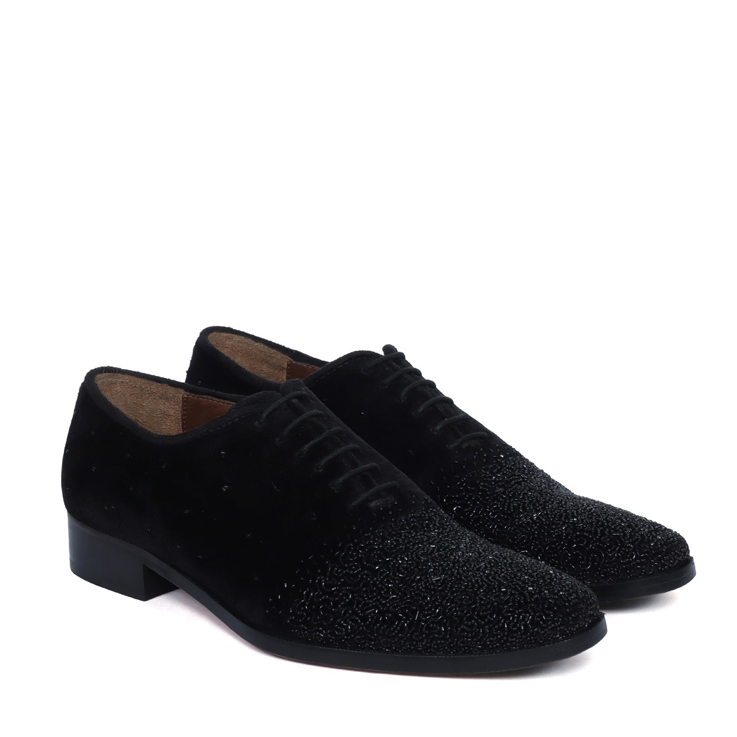 Formal Shoes In Black Velvet With Beads Hand Embroidery Embellishments