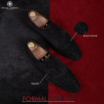 Formal Shoes In Black Velvet With Beads Hand Embroidery Embellishments For Men's