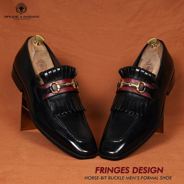 Black Formal Slip-On Shoes with Perfect Combination of Fringes & Horse-bit Buckle Detailing