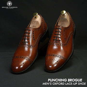 Punching Brogue Oxford Lace-Up Shoe For Men in Genuine Tan Leather