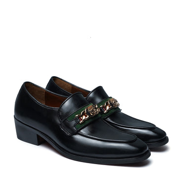 Black Cuban Heel Leather Loafer with Trademark Chain Logo