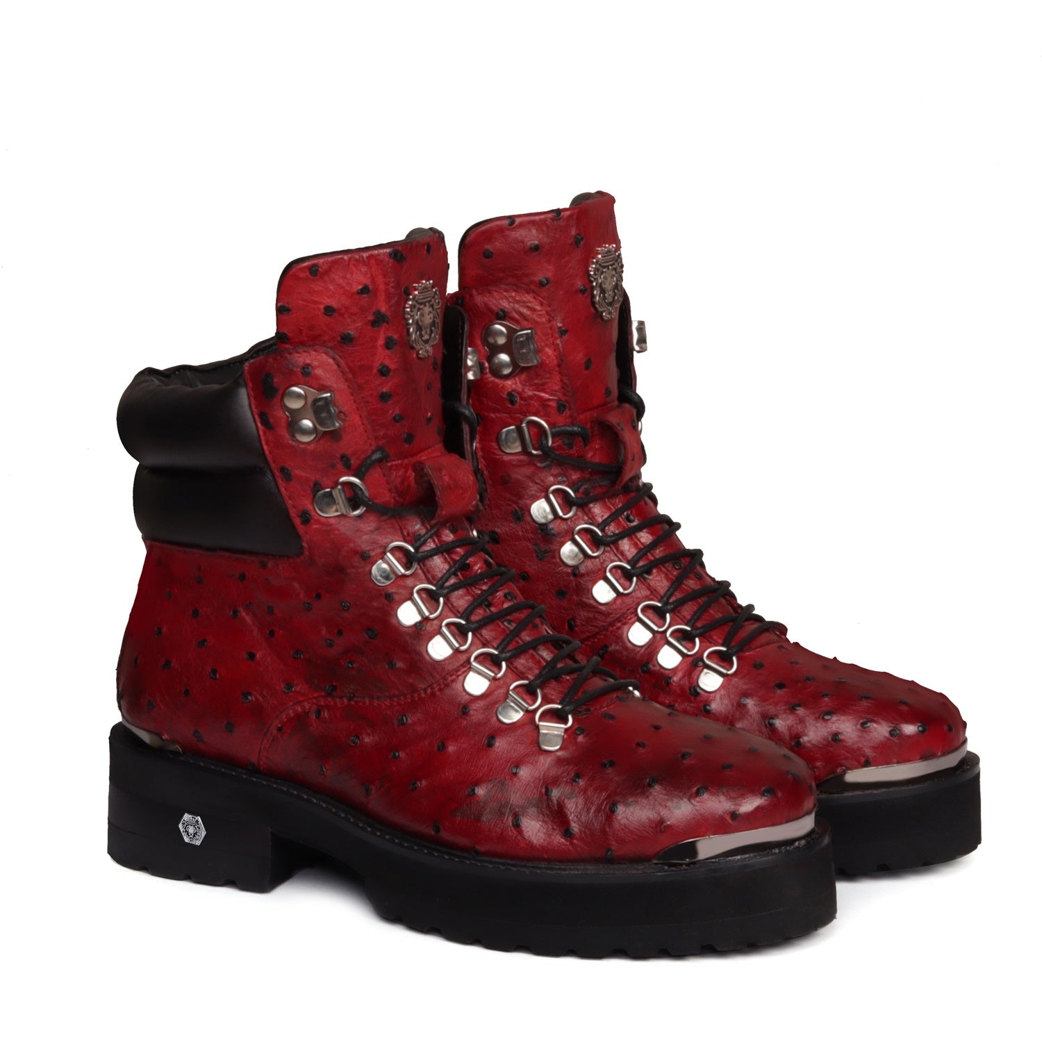 Wine High Heel Biker Boots Real Ostrich Leather - Main Image