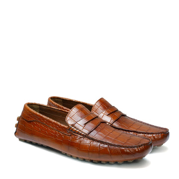 Nubs Driving Sole Tan Loafer in Deep Cut Croco Textured Leather