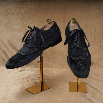 Wingtip Zardosi Black Lace-Up Wedding Formal Shoes