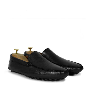 Black Textured Leather Driver Sole Loafers