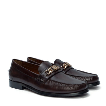 Dark Brown Moccasin Loafer with Chain Embellishment Trademark Lion Logo