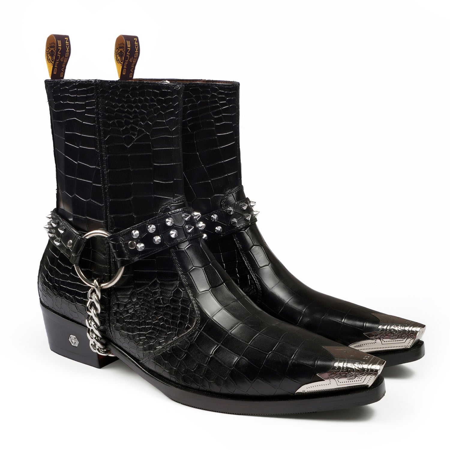 Steel Toe Cowboy Boots With Silver Studd Chain in Black Leather