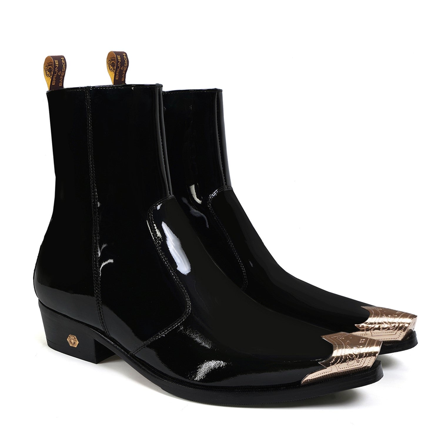 コピアポア 黒士冠ダブルベッド× NEIGHBORHOOD SRL Black Patent Golden Metal Toe Cap Cuban Heel Leather Boots