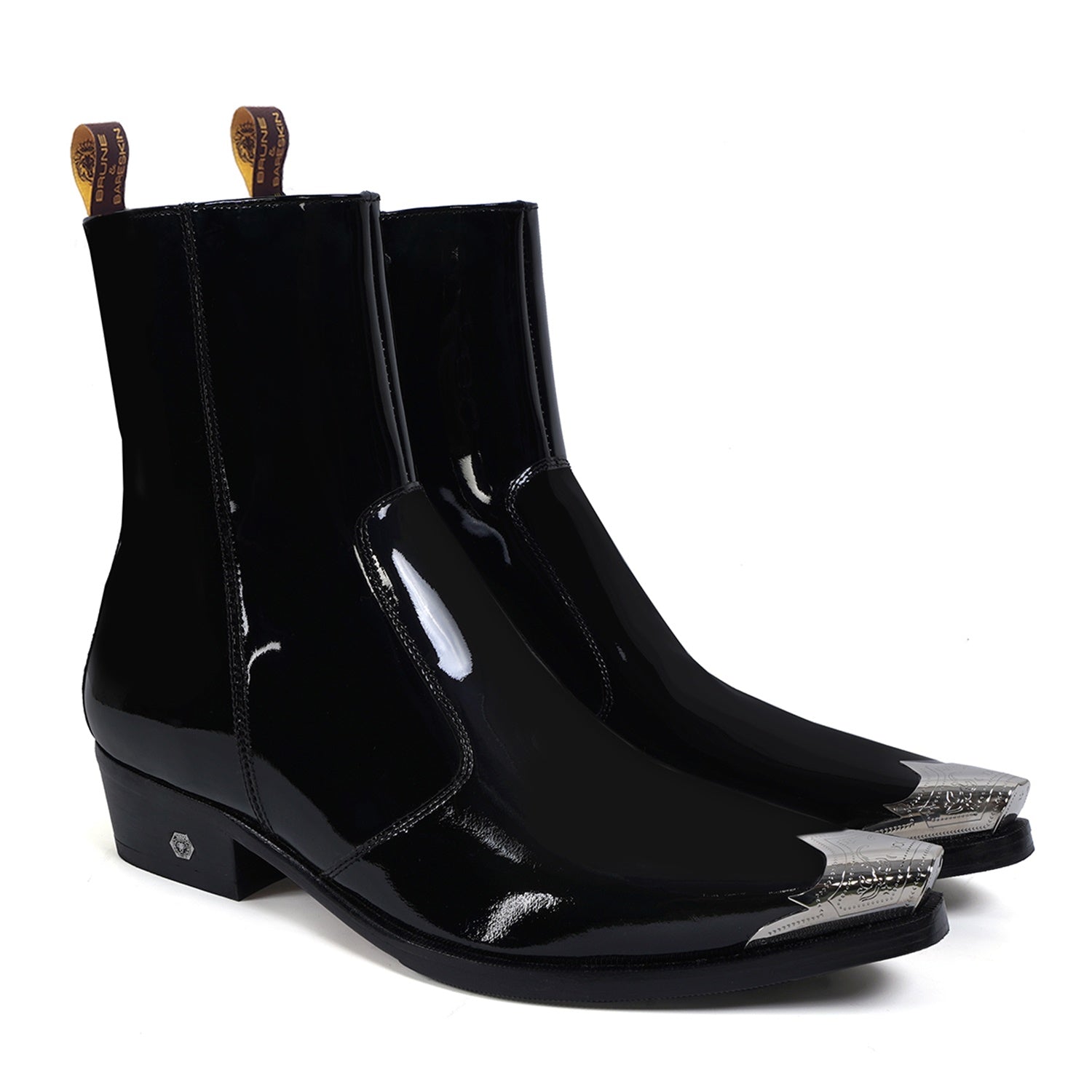 Black Patent Metal Toe Cap Cuban Heel Leather Boots - Main Image