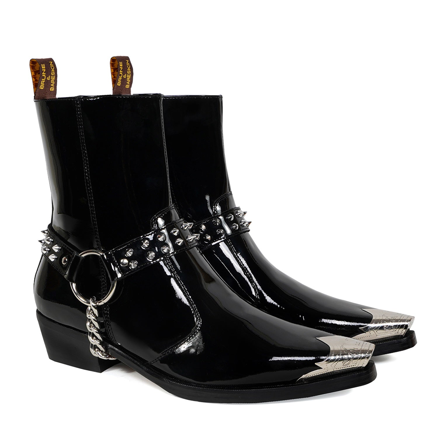 Black Patent Metal Toe Cap Cuban Heel Leather Boots with Removable Str