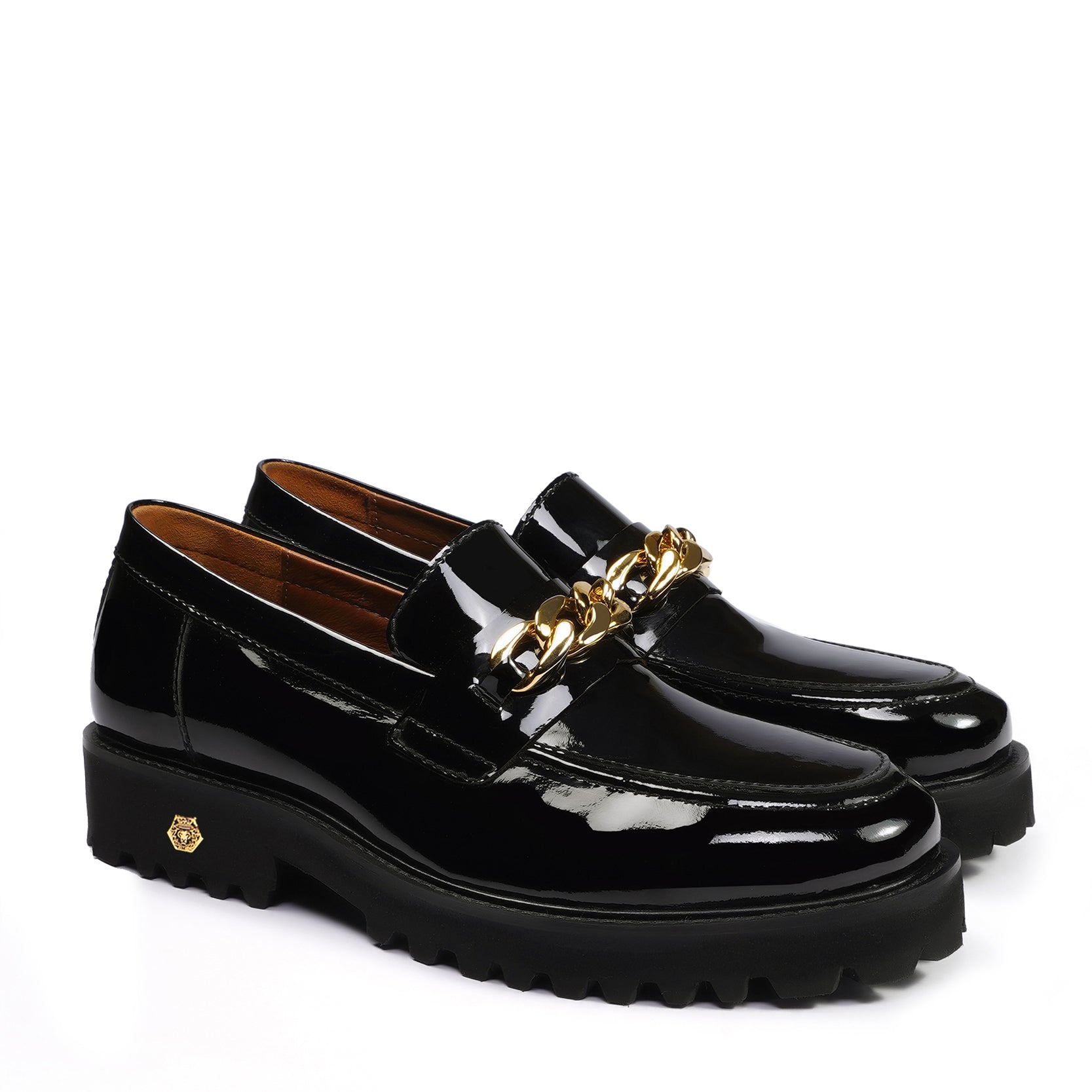 Patent Leather Chunky Sole Black Loafers with Golden Metallic Chain