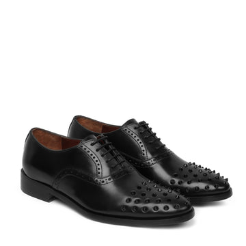 Men's Black Quarter Brogue Oxford Leather Shoes with Studded Toe by Brune & Bareskin