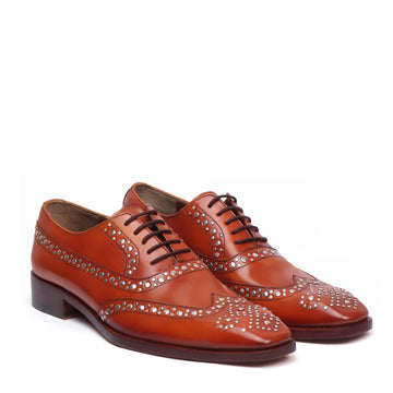 Men's Full Wingtip Tan Studded Long Tail Brogues/Oxford Leather Shoe By Brune & Bareskin