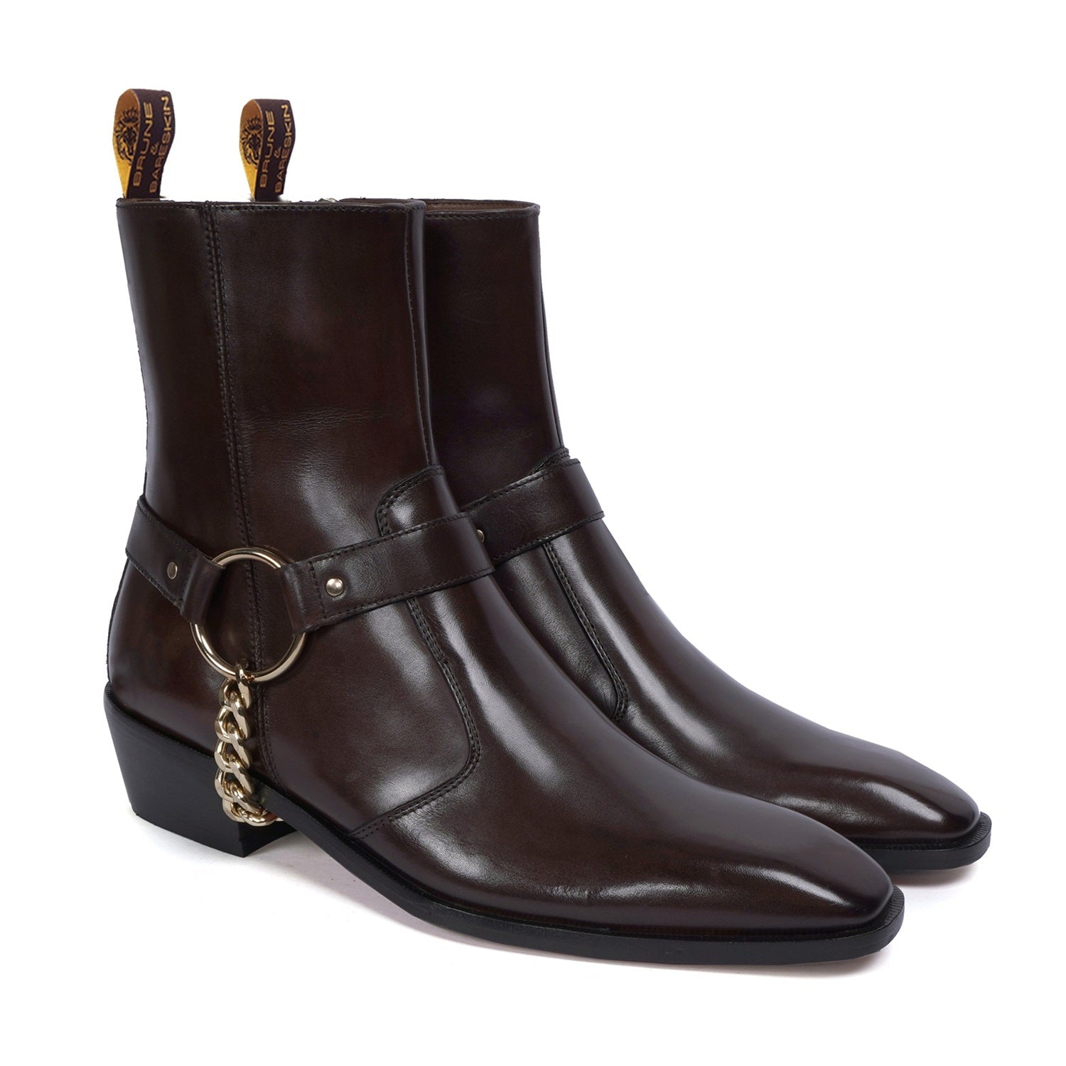 Dark Brown High Ankle Hand Made Side Zip Leather Boots With Golden Cha