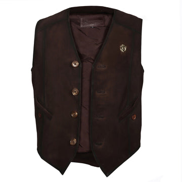 Straight Stitched Dark Brown Vests with Button Closure in Suede Leather