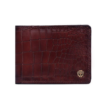 Brown Men's Bi-Fold Wallet Deep Cut Croco Textured Leather