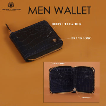 Bi-Fold Zipper Wallet in Navy Blue Croco Textured Leather