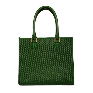 Woven Detailing Green Genuine Leather Handbag