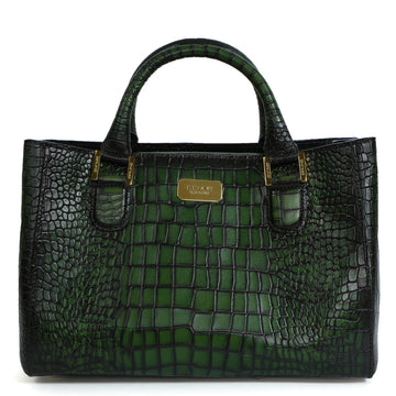 Square Shaped Smokey Finish Handbag in Green Deep Cut Leather