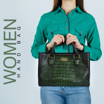 Square Shaped Smokey Finish Handbag in Green Deep Cut Leather