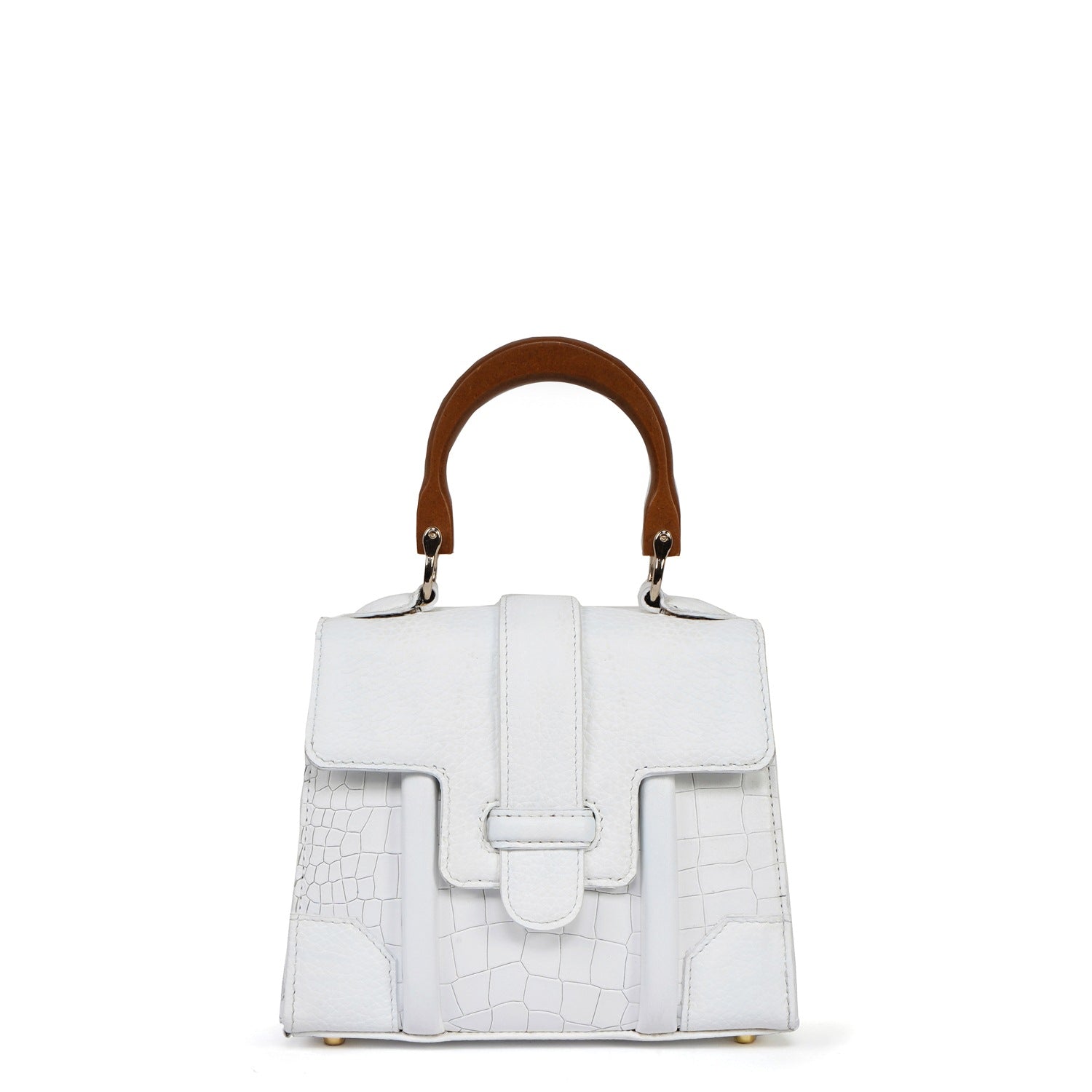Small White Genuine Leather Handbag with Wooden Handle Stylish Croc