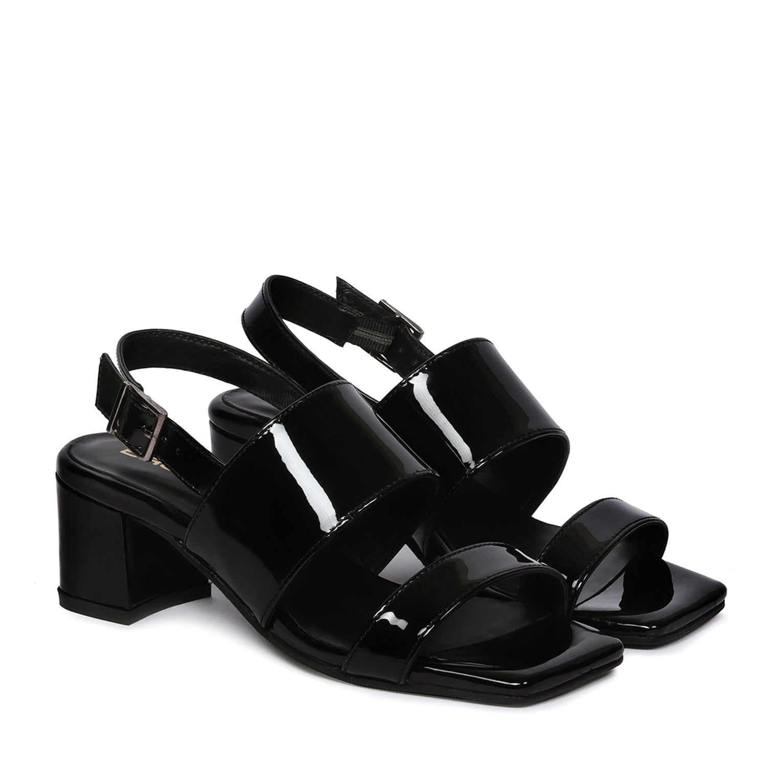 Black Patent Leather Block Heel Dual Strap Buckle Ladies Sandals by Br