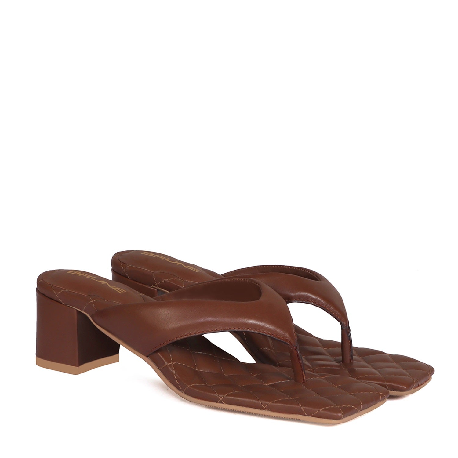 Brown V-Strap Flip Flop Diamond Stitched Blocked Heel Slider Slipper F